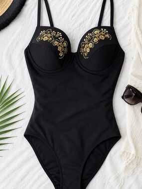 Shape FX Black One-Piece Swimsuit with Gold Floral Embroidery